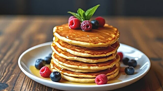 artistic shot of a pancake stack, berries glistening with syrup and mint leaves for garnish, presented on a sleek white plate against a rich wooden table background