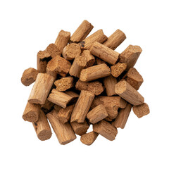 Pile of biomass fuel pellets stacked neatly in a small mound, showing wood texture and granules, on transparent background