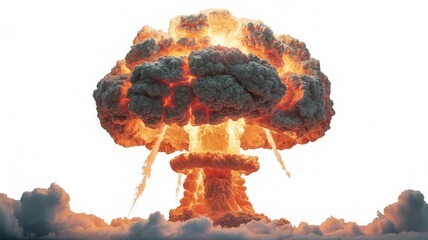 Obraz premium Massive Nuclear Explosion Mushroom Cloud Isolated on White Background, Atomic Bomb Blast, Devastating Destruction, Powerful Fallout, Nuclear Disaster, High-Impact Explosion, Isolated Atomic Cloud