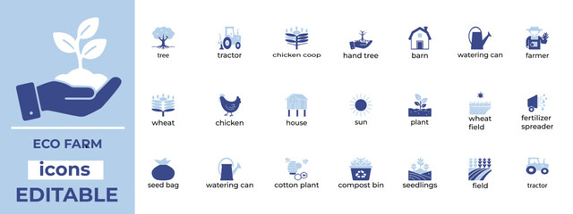Eco Farm vector icon set editable, clean line art for agriculture, organic farming, and eco friendly design projects. © PrimateIT