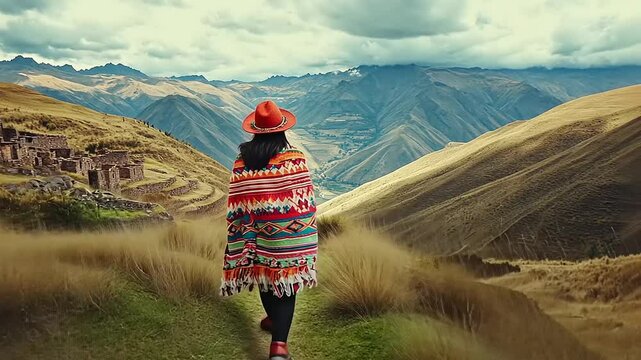 Woman in colorful poncho walking through mountainous landscape with ancient ruins and dramatic clouds