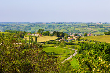 Fototapeta premium Agricultural landscape of hills, hedges, and forests in the valley of the Lèze from the village of Carla-Bayle