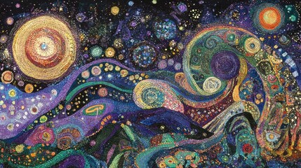 Vibrant textile artwork depicting a swirling cosmos with celestial bodies, stars, and abstract landscapes