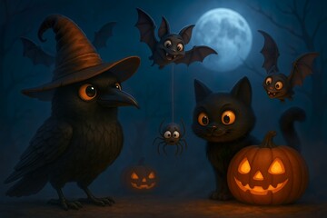 Fototapeta premium Midnight Halloween Gathering of Magical Forest Animals