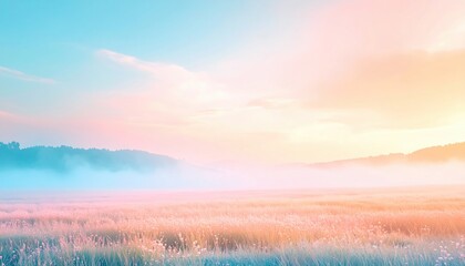 Peaceful sunrise over misty meadow landscape nature photography calm environment soft colors