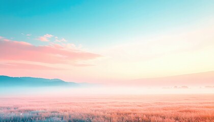 Obraz premium Serene sunrise landscape over misty fields nature photography tranquil environment panoramic view