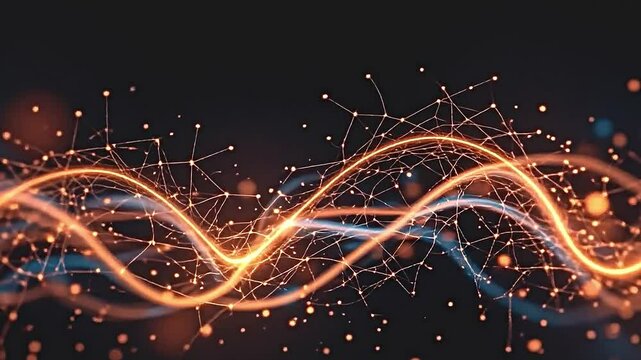a minimalist abstract composition with glowing particles emerging from a dark background, intricate geometric shapes interwoven with light trails, dynamic contrast between bright and shadowed areas
