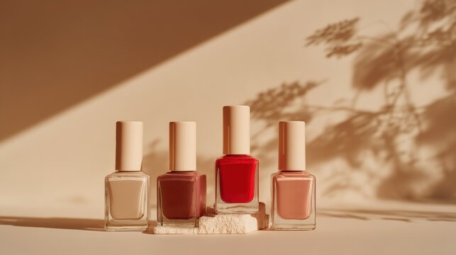 Elegant Collection of Nail Polishes Displayed with Soft Shadows and Warm Lighting