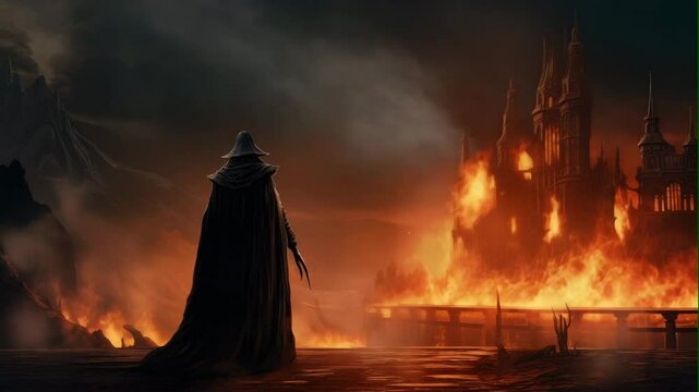 wizard looking burning castle