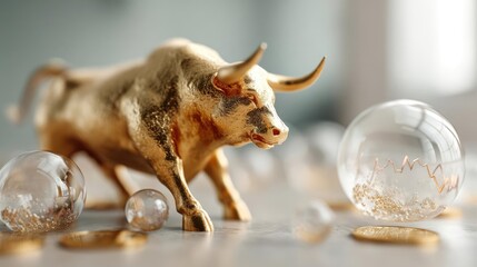 Fototapeta premium Gold bull investment in chart and economy concept. Golden bull figurine surrounded by sparkling bubbles and reflections.