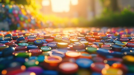 Obraz premium Colorful shiny buttons scattered on a vibrant surface in soft sunlight, creating a playful and joyful atmosphere outdoors.