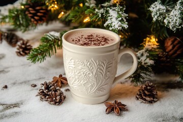 A cup of cocoa - a cup of warm drink against the background of Christmas tree, generated AI