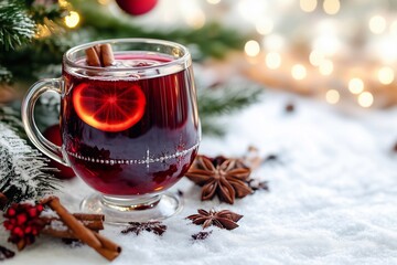 A glass cup of mulled wine - a cup of warm drink against Christmas background, generated AI