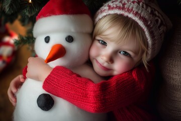 A small child hugging a stuffed snowman, generated AI