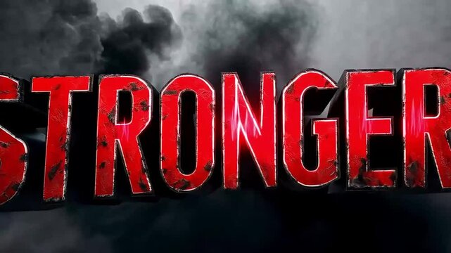 Red stronger text against a dark smoky background with a distressed metal texture effect applied
