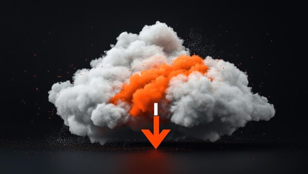 Downloading data from cloud.  Massive cloud of white and orange smoke with a large, orange downward arrow