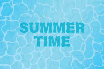 Swimming pool top view background. Summer time text on water surface backdrop.