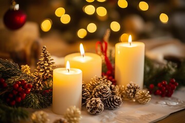 Candles on the Christmas holiday table, generated AI