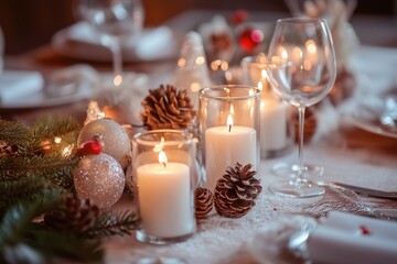 Candles on the Christmas holiday table, generated AI