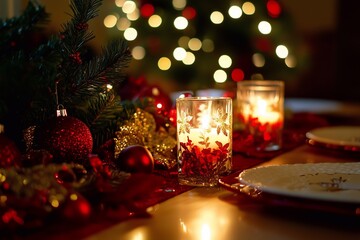 Candles on the Christmas holiday table, generated AI