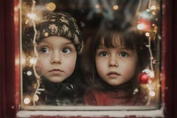 Children looking out the window, generated AI