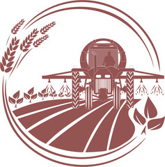 Illustration of a tractor with a sprayer working in a field. Stylized, monochrome, vector image of a tractor spraying a field. 