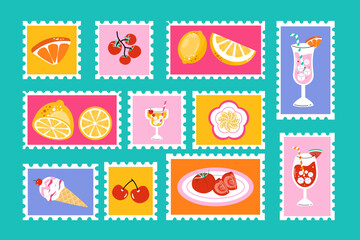 Playful summer fruit and cocktail stamps in colorful retro style, ideal for postcards, packaging, background, wall art, and travel themed designs.  Vector illustration.