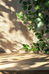 Sunlight dappled wooden surface with lush green foliage casting shadows.  A serene, minimalist scene ideal for product display or background