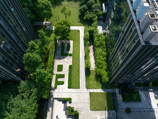 aerial view green city with tree around modern office building