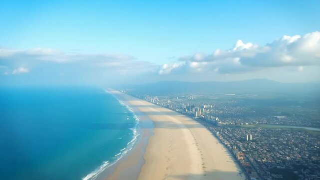 Aerial view of sandy beach and coastal city under a blue sky - A scenic aerial view showcasing a vast sandy beach, coastal waters, and urban buildings under a bright blue sky with scattered clouds.