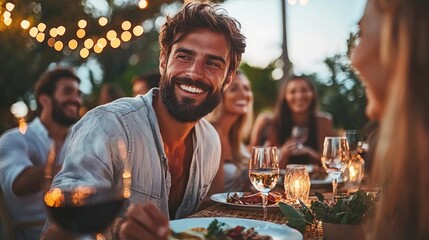 Joyful Gathering at Outdoor Dinner Party Under Twinkling Lights