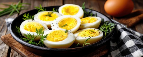 Rustic kitchen with yolk and nutrition from protein concept. Deliciously prepared boiled eggs garnished with fresh herbs.