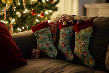 Christmas stockings on the couch, generated AI