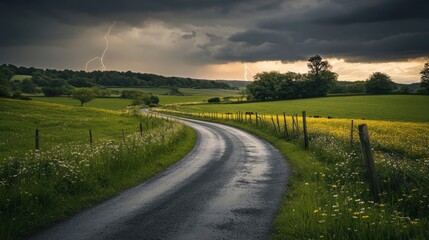 Naklejka premium Winding Road through Green Fields Under Stormy Clouds with Lightning in the Distance