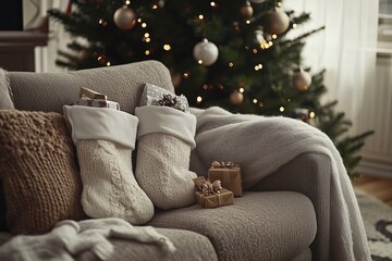 Christmas stockings on the couch, generated AI