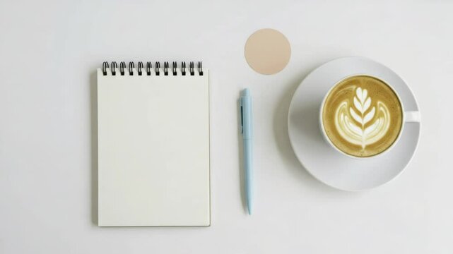 Minimalist workspace notebook pen and coffee cup on white background