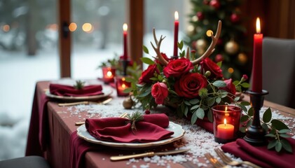 Marsala wedding table, snow-covered, deer antlers, red florals, velvet napkins, candles , snow, ivory, wedding