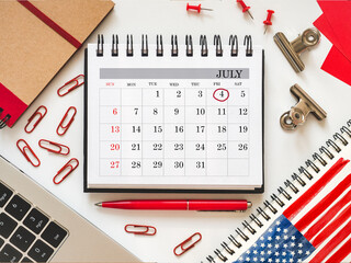Happy Independence Day. Calendar with the date of July 4th, lying on the table. Calendar mark....