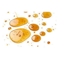 Golden honey drops and splashes sweet liquid food ingredient isolated on transparent background for design