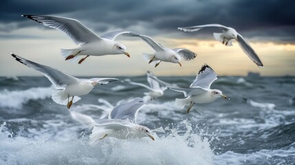 Seagulls flying over turbulent waves at sunset, creating a dramatic coastal scene with energy and motion.