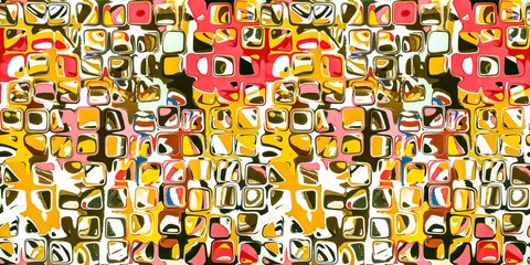 Abstract blotched random mosaic shape square seamless border pattern. Dense grungy mottled effect fabric texture design with tileable banner print. For speckled impressionism style ribbon trim edge.