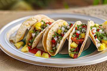 Tacos Al Pastor with Pineapple Salsa on Colorful Plate, Authentic Mexican Cuisine