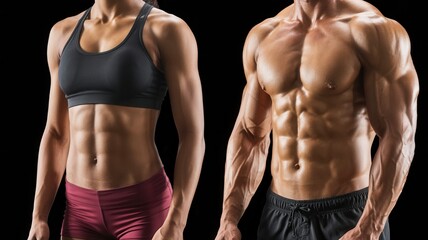 Athletic Muscular Man and Woman Torso Fitness Concept on Black Background Highlighting Strength, Bodybuilding, Workout Physique, Power and Healthy Lifestyle with Dramatic Lighting