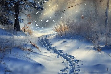 Deer tracks in the snow, generated AI