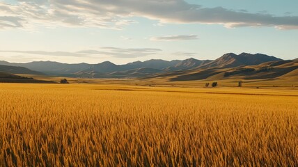Obraz premium Golden Rice Fields with Distant Hills Under Blue Sky and Soft Clouds in a Scenic Landscape