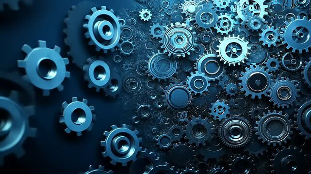 A dynamic arrangement of blue metallic gears creating a sense of motion and innovation in technology