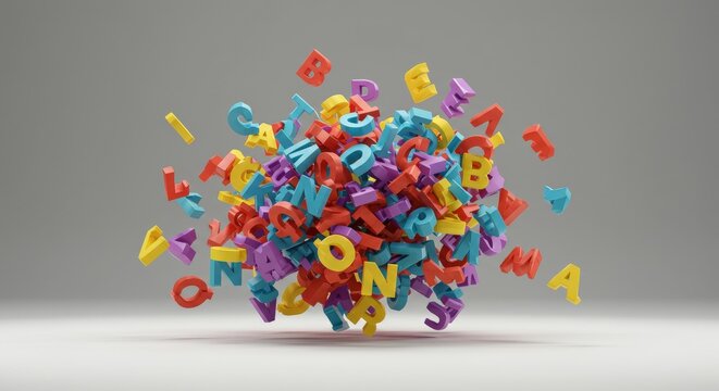 Cluttered mind as jumbled text: a colorful explosion of alphabet letters symbolizing confusion, chaos, and learning challenges for design, web banners, and educational materials.