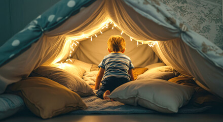 Child building a cozy pillow fort indoors illuminated by fairy lights, creating a magical hideaway and a fun playtime atmosphere.