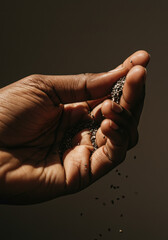 Obraz premium A hand gently pouring chia seeds, creating a beautiful, natural display of texture and light.