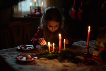 Little girl lighting candles on Christmas table, generated AI